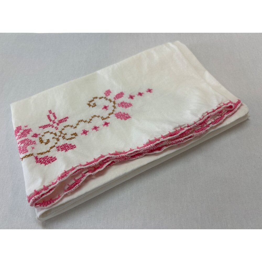 Handmade Vintage Embroidered White Pillowcase Pink Floral Cross Stitch